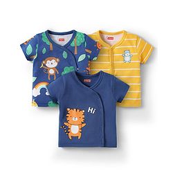 Babyhug 100% Cotton Interlock Knit Front Open jhabla With Animal Print Pack Of 3 - Navy Blue & Yellow