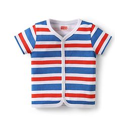 Babyhug 100% Cotton Interlock Knit Front Open Half Sleeves jhablas With Stripes & Vehicle Print Pack Of 3 - Red Blue & Yellow