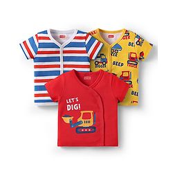 Babyhug 100% Cotton Interlock Knit Front Open Half Sleeves jhablas With Stripes & Vehicle Print Pack Of 3 - Red Blue & Yellow