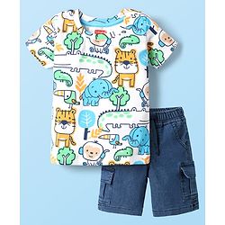 Babyhug Single Jersey Knit Half Sleeves T-Shirt & Denim Shorts Set With Animal Print - White & Blue