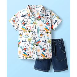 Babyhug Poplin Woven Half Sleeves Beach Theme Printed Shirt & Shorts Set - White & Navy Blue