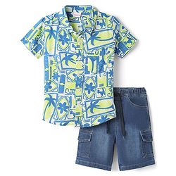 Babyhug Poplin Woven Half Sleeves Shirt & Denim Shorts Set With Beach Theme Print - Blue