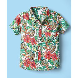 Babyhug Rayon Woven Half Sleeves Shirt & Denim Shorts Set with Tropical Theme Print - Blue