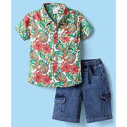 Babyhug Rayon Woven Half Sleeves Shirt & Denim Shorts Set with Tropical Theme Print - Blue