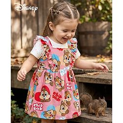 Babyhug Disney Single Jersey Knit Half Sleeves T-Shirt With Frock & Chip N Dale Print & Frill Detailing - White & Pink