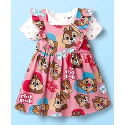 Babyhug Disney Single Jersey Knit Half Sleeves T-Shirt With Frock & Chip N Dale Print & Frill Detailing - White & Pink