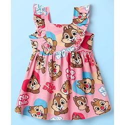 Babyhug Disney Single Jersey Knit Half Sleeves T-Shirt With Frock & Chip N Dale Print & Frill Detailing - White & Pink