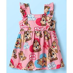 Babyhug Disney Single Jersey Knit Half Sleeves T-Shirt With Frock & Chip N Dale Print & Frill Detailing - White & Pink