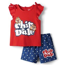 Babyhug Disney Single Jersey Knit Frill Sleeve T-Shirt & Short With Chip N Dale Graphics - Red & Blue