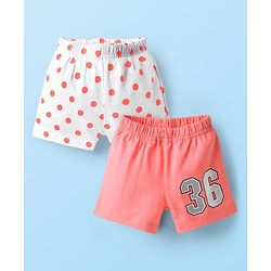 Babyhug Cotton Single Jersey Knit Mid Thigh Shorts With Polka Dots & Number Print Pack Of 2 - Pink & White