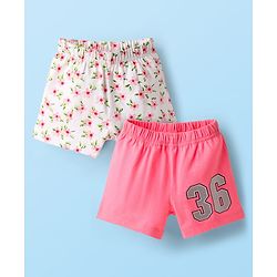 Babyhug Cotton Single Jersey Knit Mid Thigh Shorts With Floral & Number Print Pack Of 2 - Pink