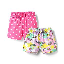Babyhug Cotton Knit Mid Thigh Polka Dots & Smiley Printed Shorts with Bow Applique Pack of 2 - Dark Pink & White