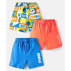 Babyhug Cotton Knit Mid Thigh Shorts with Text Print Pack of 3 - Coral White & Blue