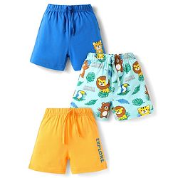 Babyhug Cotton Knit Mid Thigh Shorts with Jungle Theme Print Pack of 3 - Light Blue Yellow & Blue
