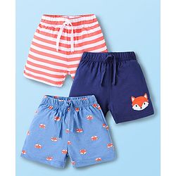 Babyhug Single Jersey Knit Mid Thigh Shorts with Stripes & Animal Print Pack Of 3 - Navy Blue & Red