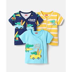 Babyhug 100% Cotton Antibacterial Half Sleeves Front Open Vest With Stripes & Animal Print Pack Of 3 - Yellow & Navy Blue