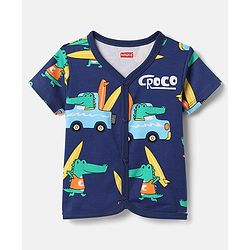 Babyhug 100% Cotton Antibacterial Half Sleeves Front Open Vest With Stripes & Animal Print Pack Of 3 - Yellow & Navy Blue