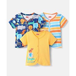 Babyhug 100% Cotton Antibacterial Front Open Half Sleeves Animal Printed & Striped jhablas Pack Of 3 - Navy Blue Yellow & Light Blue