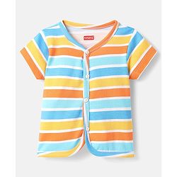 Babyhug 100% Cotton Antibacterial Front Open Half Sleeves Animal Printed & Striped jhablas Pack Of 3 - Navy Blue Yellow & Light Blue