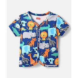 Babyhug 100% Cotton Antibacterial Front Open Half Sleeves Animal Printed & Striped jhablas Pack Of 3 - Navy Blue Yellow & Light Blue