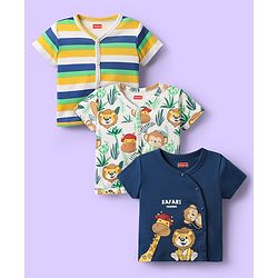 Babyhug 100% Cotton Antibacterial Half Sleeves Front Open jhabla With Stripes & Animal Print Pack Of 3 - Navy Blue & White