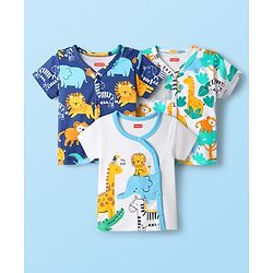 Babyhug 100% Cotton Interlock Knit Half Sleeves Front Open Vests With Animal Print Pack Of 3 - Navy Blue & White