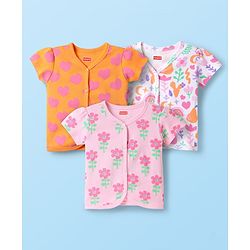 Babyhug 100% Cotton Interlock Knit Half Sleeves Front Open jhabla with Floral & Heart Print Pack of 3 - Orange Pink & White