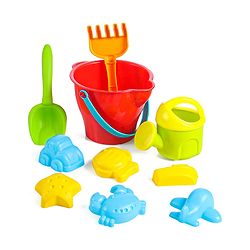 Babyhug 10 PCs Beach Play Set with Buckets Shovels & Fish, Crab, Star Fish, Ship, Airplane, Car Moulds for Kids & Toddlers, Useful for Gardening & Outdoor Tool Kit,BIS Certified