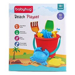Babyhug 10 PCs Beach Play Set with Buckets Shovels & Fish, Crab, Star Fish, Ship, Airplane, Car Moulds for Kids & Toddlers, Useful for Gardening & Outdoor Tool Kit,BIS Certified