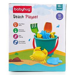 Babyhug 10 PCs Beach Play Set with Buckets Shovels & Fish, Crab, Star Fish, Ship, Airplane, Car Moulds for Kids & Toddlers, Useful for Gardening & Outdoor Tool Kit,BIS Certified