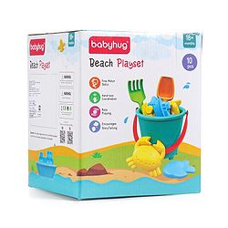 Babyhug 10 PCs Beach Play Set with Buckets Shovels & Fish, Crab, Star Fish, Ship, Airplane, Car Moulds for Kids & Toddlers, Useful for Gardening & Outdoor Tool Kit,BIS Certified