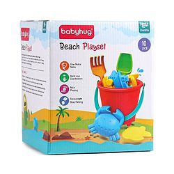 Babyhug 10 PCs Beach Play Set with Buckets, Shovels & Moulds for Kids & Toddlers, Outdoor Play | Bath Toy | BPA-Free | Imagination & Creativity | Shape & Color Recognition| Red |BIS Certified