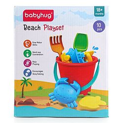 Babyhug 10 PCs Beach Play Set with Buckets, Shovels & Moulds for Kids & Toddlers, Outdoor Play | Bath Toy | BPA-Free | Imagination & Creativity | Shape & Color Recognition| Red |BIS Certified