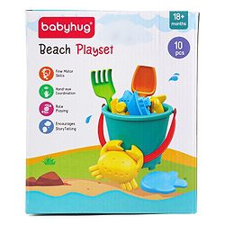 Babyhug 10 PCs Beach Play Set with Buckets, Shovels & Moulds for Kids & Toddlers, Outdoor Play | Bath Toy | BPA-Free | Imagination & Creativity | Shape & Color Recognition| Red |BIS Certified