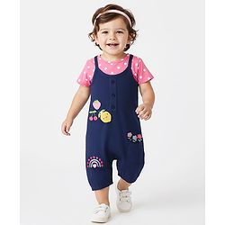 Babyhug Single Jersey Knit Polka Dot Printed Dungaree Style Romper with Half Sleeves Inner Tee - Pink & Navy Blue