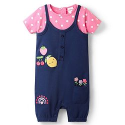 Babyhug Single Jersey Knit Polka Dot Printed Dungaree Style Romper with Half Sleeves Inner Tee - Pink & Navy Blue