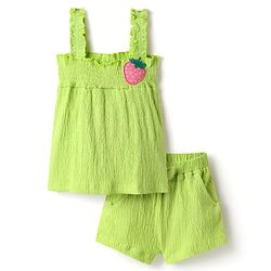 Babyhug Single Jersey Knit Sleeveless Solid Color Top & Shorts Set with Bow Applique & Strawberry Patch - Light Green
