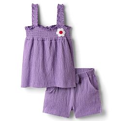 Babyhug Single Jersey Knit Sleeveless Solid Color Top & Shorts Set with Bow Applique & Strawberry Patch - Purple