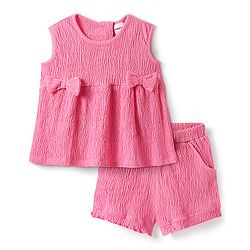 Babyhug Single Jersey Knit Sleeveless Solid Color Top & Shorts Set with Bow Applique - Dark Pink