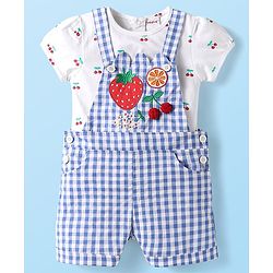 Babyhug Single Jersey Knit Half Sleeves Inner Top & Dungaree with Checks & Cherry Print - White & Blue