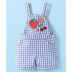 Babyhug Single Jersey Knit Half Sleeves Inner Top & Dungaree with Checks & Cherry Print - White & Blue