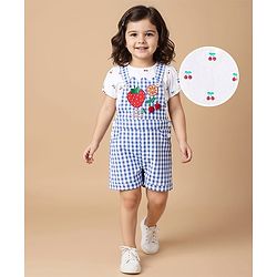 Babyhug Single Jersey Knit Half Sleeves Inner Top & Dungaree with Checks & Cherry Print - White & Blue