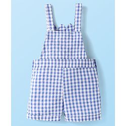 Babyhug Single Jersey Knit Half Sleeves Inner Top & Dungaree with Checks & Cherry Print - White & Blue