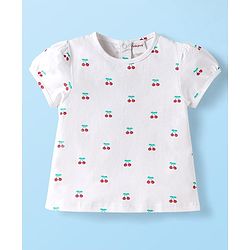 Babyhug Single Jersey Knit Half Sleeves Inner Top & Dungaree with Checks & Cherry Print - White & Blue