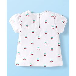 Babyhug Single Jersey Knit Half Sleeves Inner Top & Dungaree with Checks & Cherry Print - White & Blue