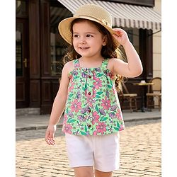 Babyhug Single Jersey Knit Sleeveless Top & Shorts Set with Floral Print - Light Green & White