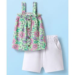 Babyhug Single Jersey Knit Sleeveless Top & Shorts Set with Floral Print - Light Green & White