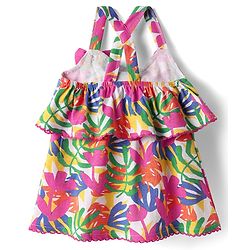 Babyhug Single Jersey Knit Sleeveless Top & Shorts Set with Floral Print Bow Applique & Lace Detailing - Dark Pink