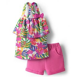 Babyhug Single Jersey Knit Sleeveless Top & Shorts Set with Floral Print Bow Applique & Lace Detailing - Dark Pink