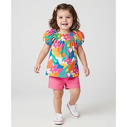 Babyhug Single Jersey Knit Half Puffed Sleeves Top & Woven Stretch Twill Shorts Set With Floral Print & Smocking - Pink